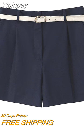 Yipinpay 2023 Fashion Women's Shorts Summer Female Chic Casual Mini Short with Belt Ladies High Waist Folds Skirts Shorts New In